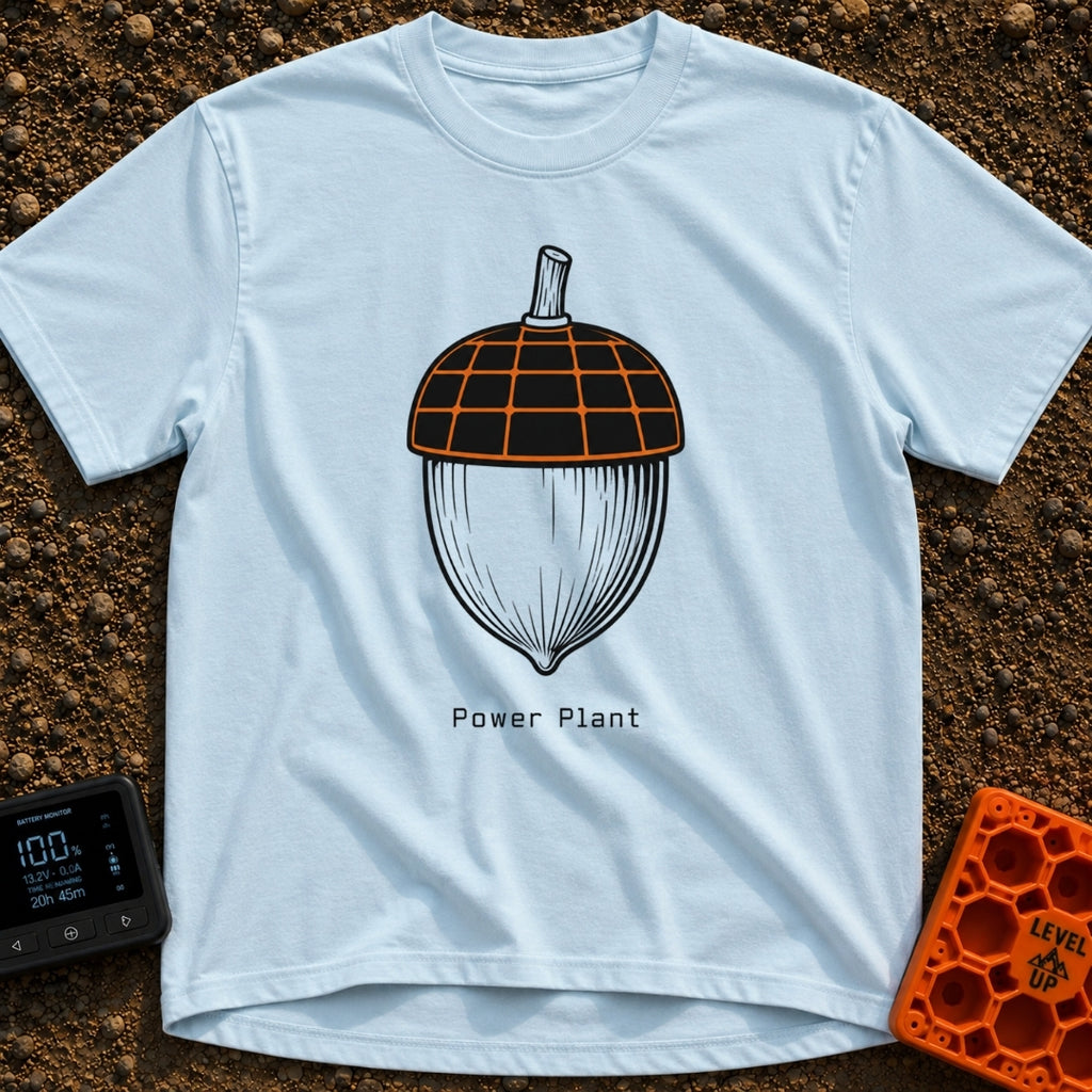 Solar Powered Nut - T-Shirt in Chambray - A black and white illustration of an acorn where the top cap is designed to...
