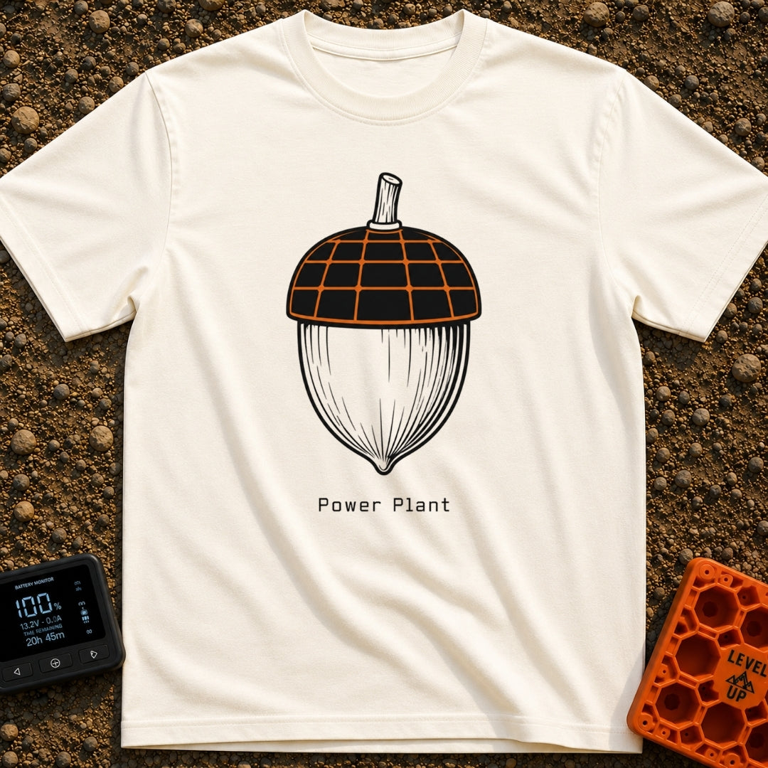 Solar Powered Nut - T-Shirt in Ivory - A black and white illustration of an acorn where the top cap is designed to look...