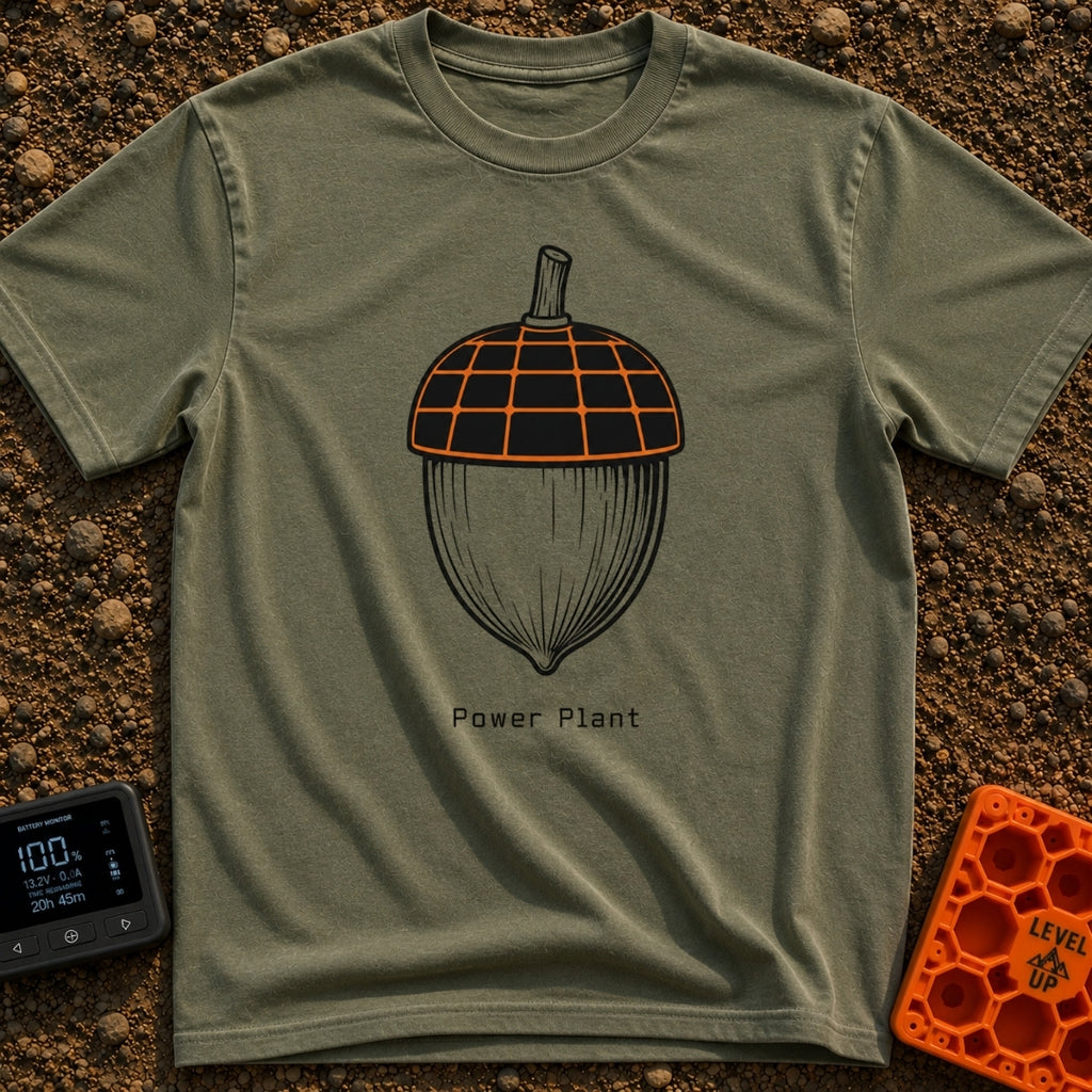 Solar Powered Nut - T-Shirt in Moss - A black and white illustration of an acorn where the top cap is designed to look...