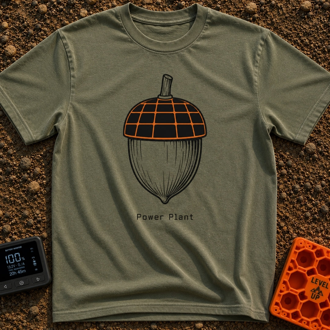Solar Powered Nut - T-Shirt in Moss - A black and white illustration of an acorn where the top cap is designed to look...