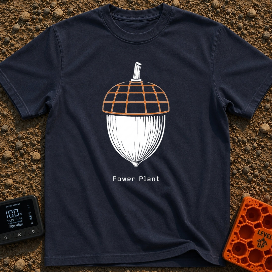 Solar Powered Nut - T-Shirt in Navy - A black and white illustration of an acorn where the top cap is designed to look...