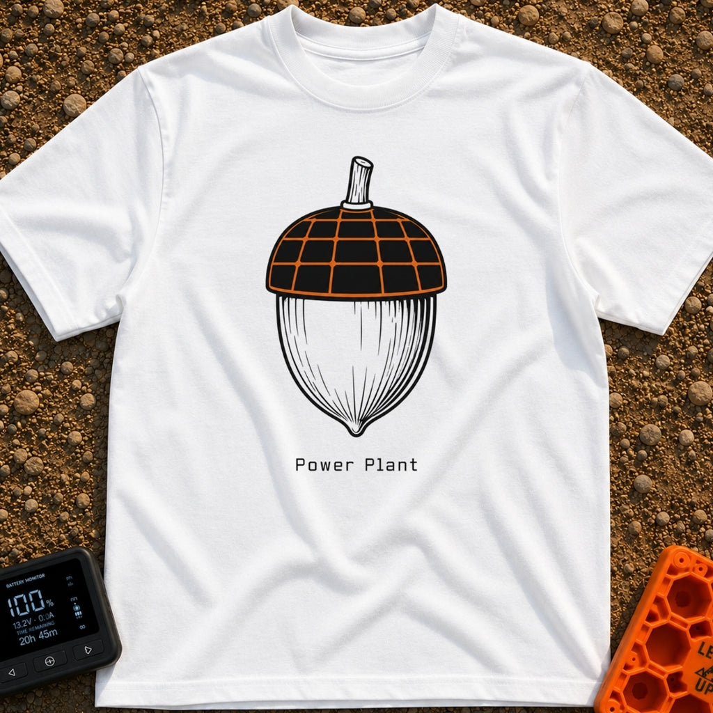Solar Powered Nut - T-Shirt in White - A black and white illustration of an acorn where the top cap is designed to look...