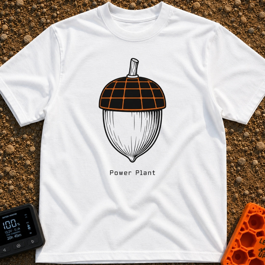 Solar Powered Nut - T-Shirt in White - A black and white illustration of an acorn where the top cap is designed to look...
