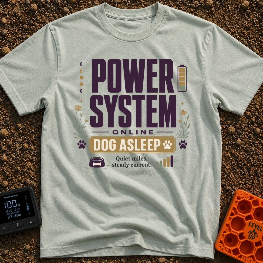 Battery Full, Dog Snoozing - T-Shirt in Bay - A typographic design reading "POWER SYSTEM ONLINE" and "DOG ASLEEP"...