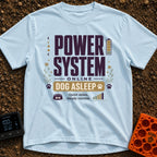Battery Full, Dog Snoozing - T-Shirt in Chambray - A typographic design reading "POWER SYSTEM ONLINE" and "DOG ASLEEP"...