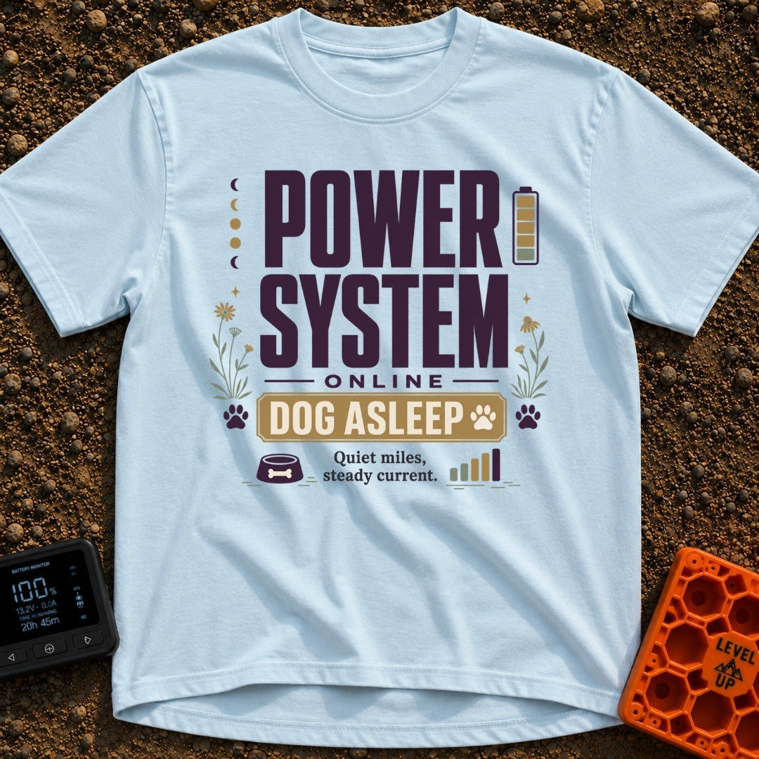 Battery Full, Dog Snoozing - T-Shirt in Chambray - A typographic design reading "POWER SYSTEM ONLINE" and "DOG ASLEEP"...