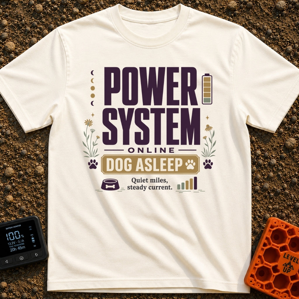Battery Full, Dog Snoozing - T-Shirt in Ivory - A typographic design reading "POWER SYSTEM ONLINE" and "DOG ASLEEP"...