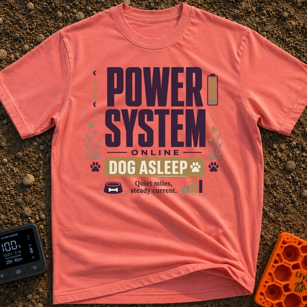 Battery Full, Dog Snoozing - T-Shirt in Watermelon - A typographic design reading "POWER SYSTEM ONLINE" and "DOG ASLEEP"...