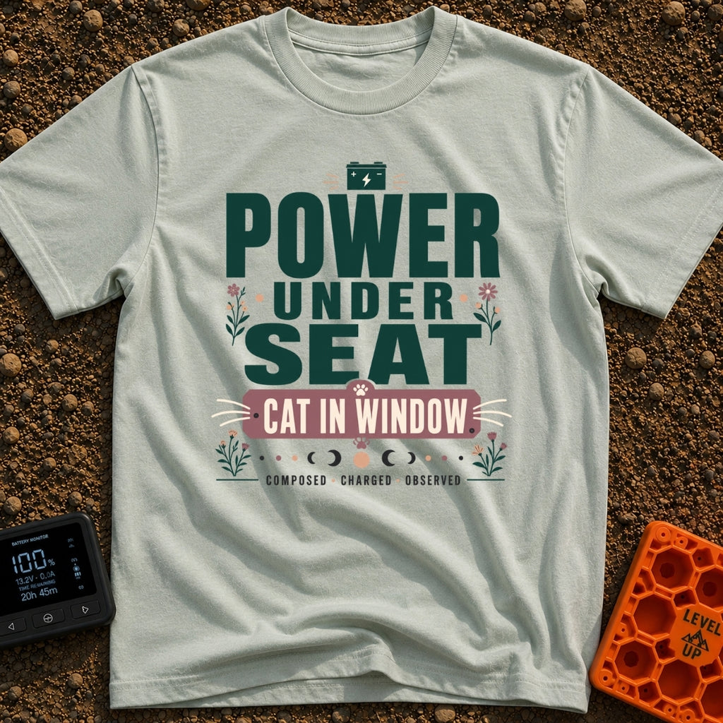 Watts And Whiskers - T-Shirt in Bay - A typographic design reading 'POWER UNDER SEAT' and 'CAT IN WINDOW' alongside the...
