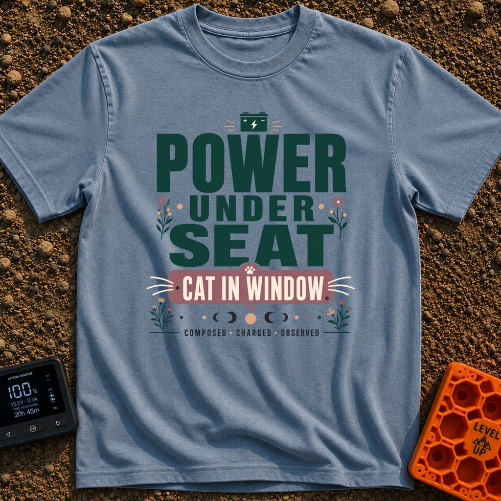 Watts And Whiskers - T-Shirt in Blue Jean - A typographic design reading 'POWER UNDER SEAT' and 'CAT IN WINDOW' alongside...