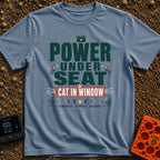 Watts And Whiskers - T-Shirt in Blue Jean - A typographic design reading 'POWER UNDER SEAT' and 'CAT IN WINDOW' alongside...