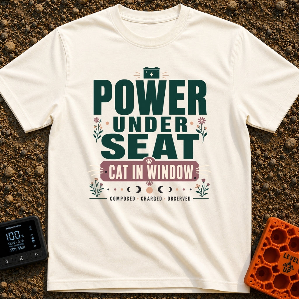 Watts And Whiskers - T-Shirt in Ivory - A typographic design reading 'POWER UNDER SEAT' and 'CAT IN WINDOW' alongside the...