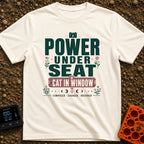 Watts And Whiskers - T-Shirt in Ivory - A typographic design reading 'POWER UNDER SEAT' and 'CAT IN WINDOW' alongside the...
