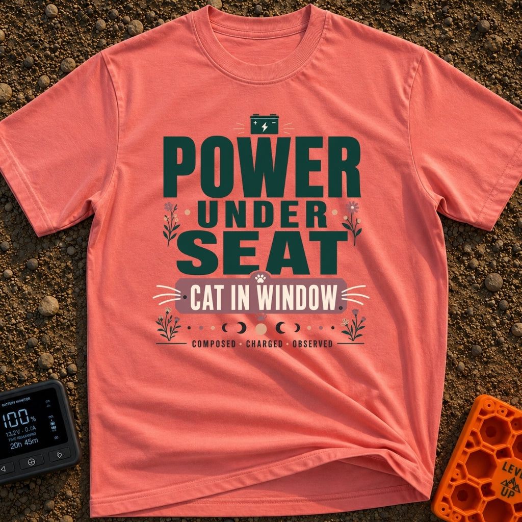 Watts And Whiskers - T-Shirt in Watermelon - A typographic design reading 'POWER UNDER SEAT' and 'CAT IN WINDOW'...