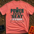 Watts And Whiskers - T-Shirt in Watermelon - A typographic design reading 'POWER UNDER SEAT' and 'CAT IN WINDOW'...