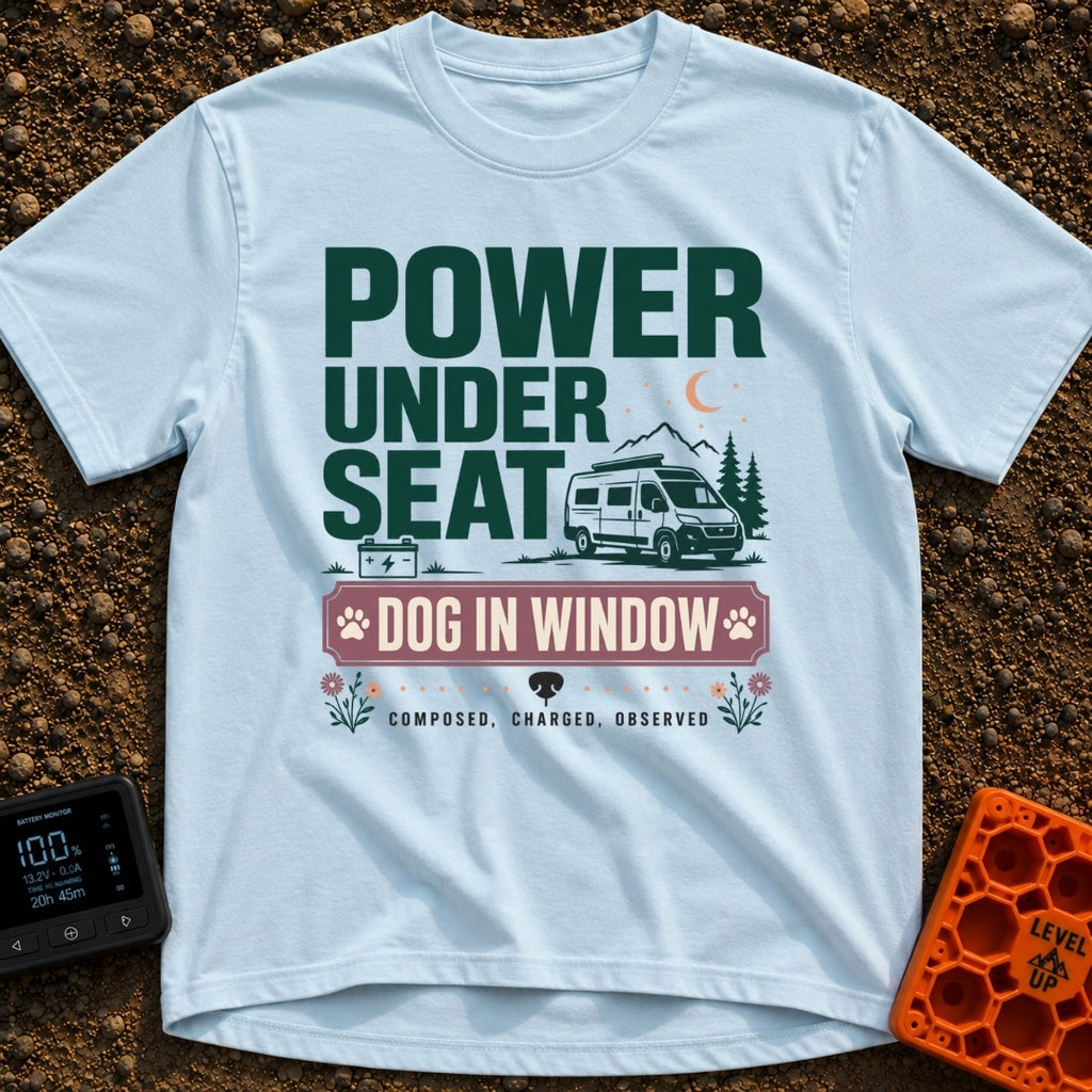 Paws & Power Play - T-Shirt in Chambray - Typographic design reading "POWER UNDER SEAT", "DOG IN WINDOW", and "COMPOSED,...