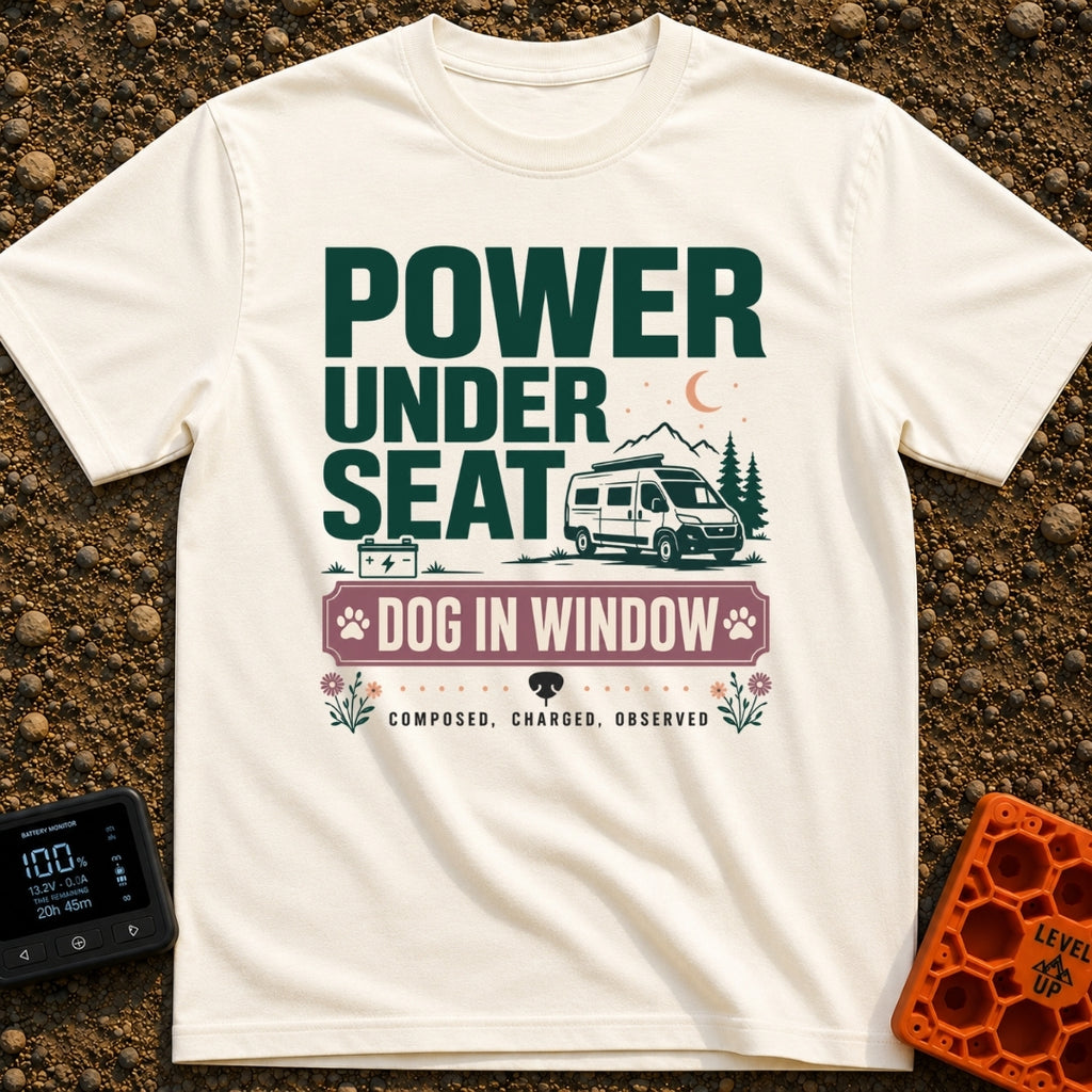 Paws & Power Play - T-Shirt in Ivory - Typographic design reading "POWER UNDER SEAT", "DOG IN WINDOW", and "COMPOSED,...