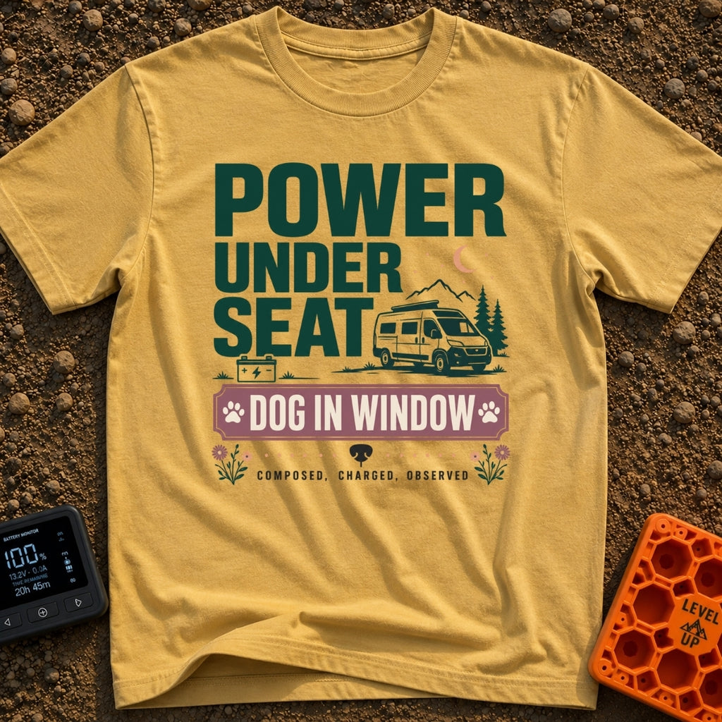 Paws & Power Play - T-Shirt in Mustard - Typographic design reading "POWER UNDER SEAT", "DOG IN WINDOW", and "COMPOSED,...
