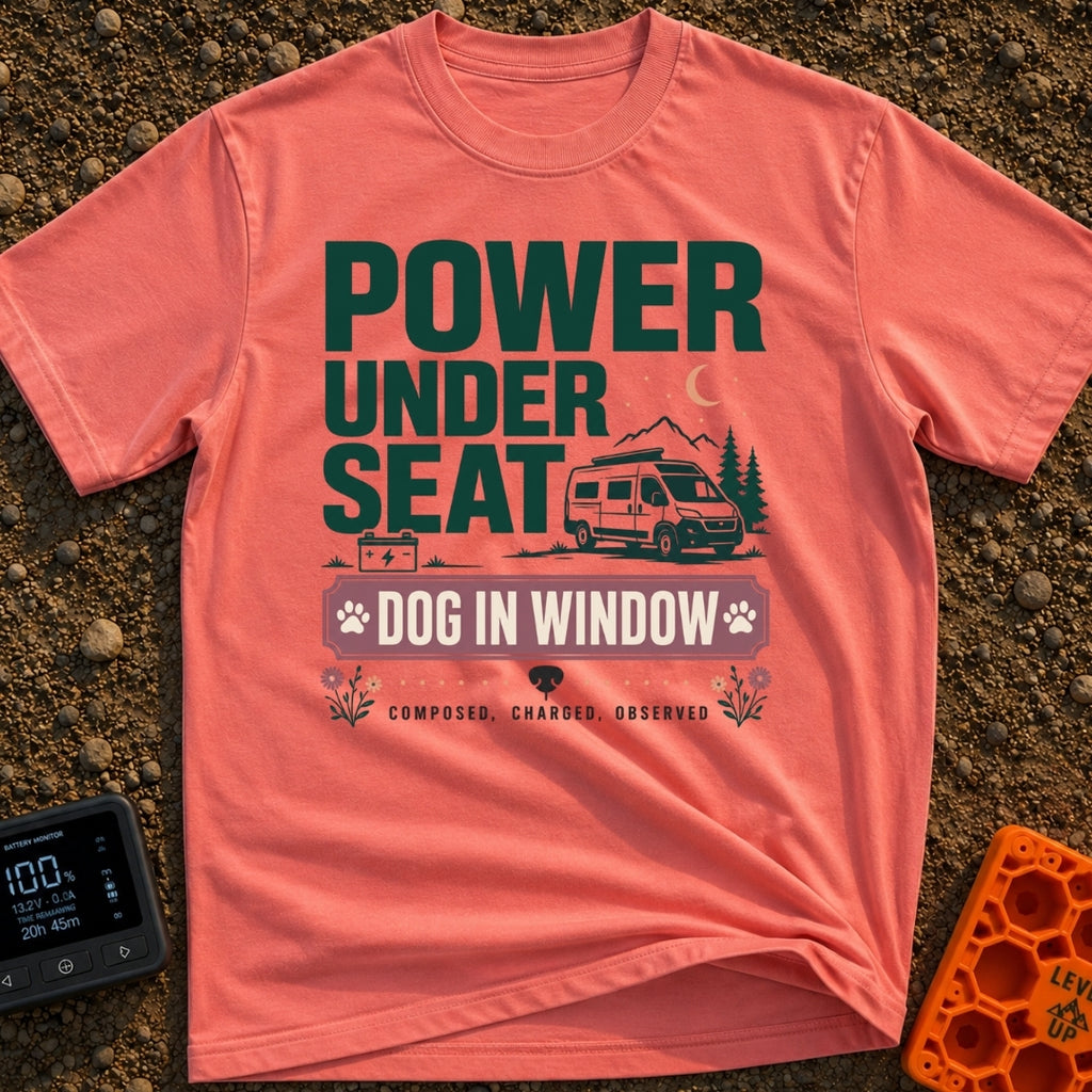 Paws & Power Play - T-Shirt in Watermelon - Typographic design reading "POWER UNDER SEAT", "DOG IN WINDOW", and...