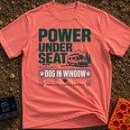 Paws & Power Play - T-Shirt in Watermelon - Typographic design reading "POWER UNDER SEAT", "DOG IN WINDOW", and...