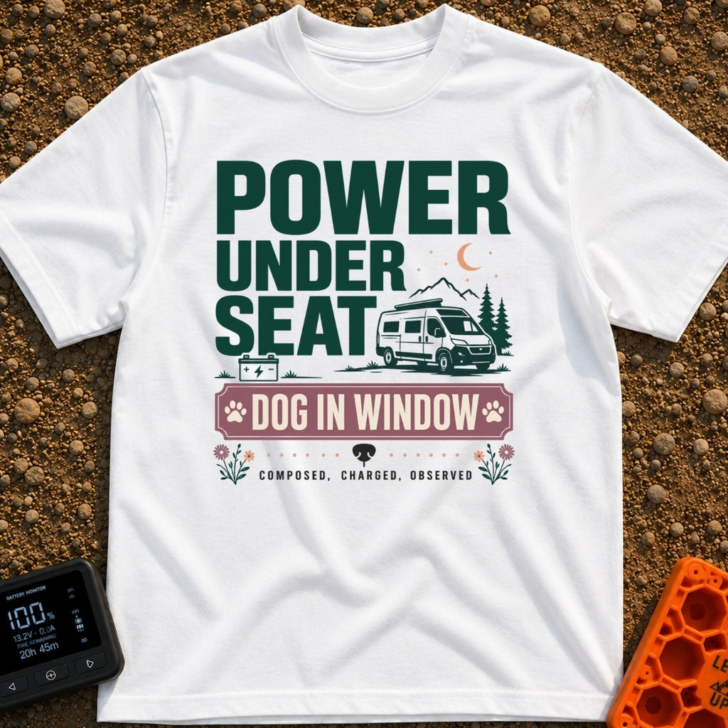 Paws & Power Play - T-Shirt in White - Typographic design reading "POWER UNDER SEAT", "DOG IN WINDOW", and "COMPOSED,...