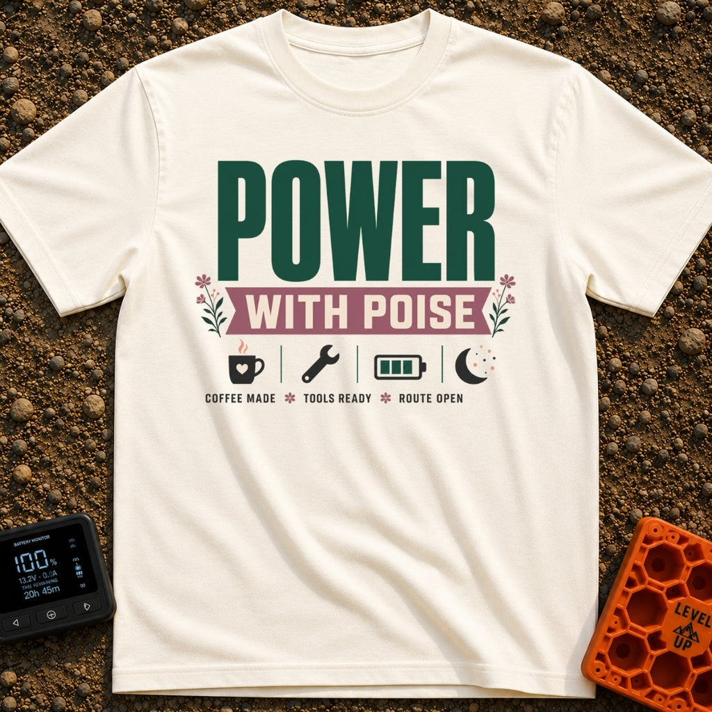 Poised And Fully Charged - T-Shirt in Ivory - A typographic design featuring the text 'POWER WITH POISE' alongside small...