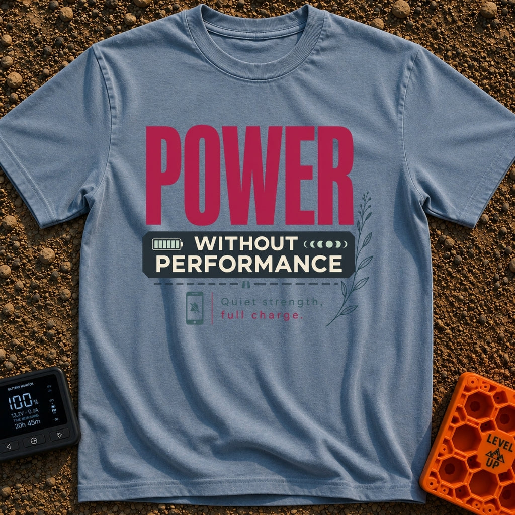 All Charge No Show - T-Shirt in Blue Jean - A typographic design with the large red word "POWER" above a dark banner...