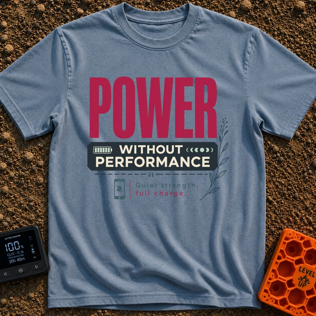 All Charge No Show - T-Shirt in Blue Jean - A typographic design with the large red word "POWER" above a dark banner...