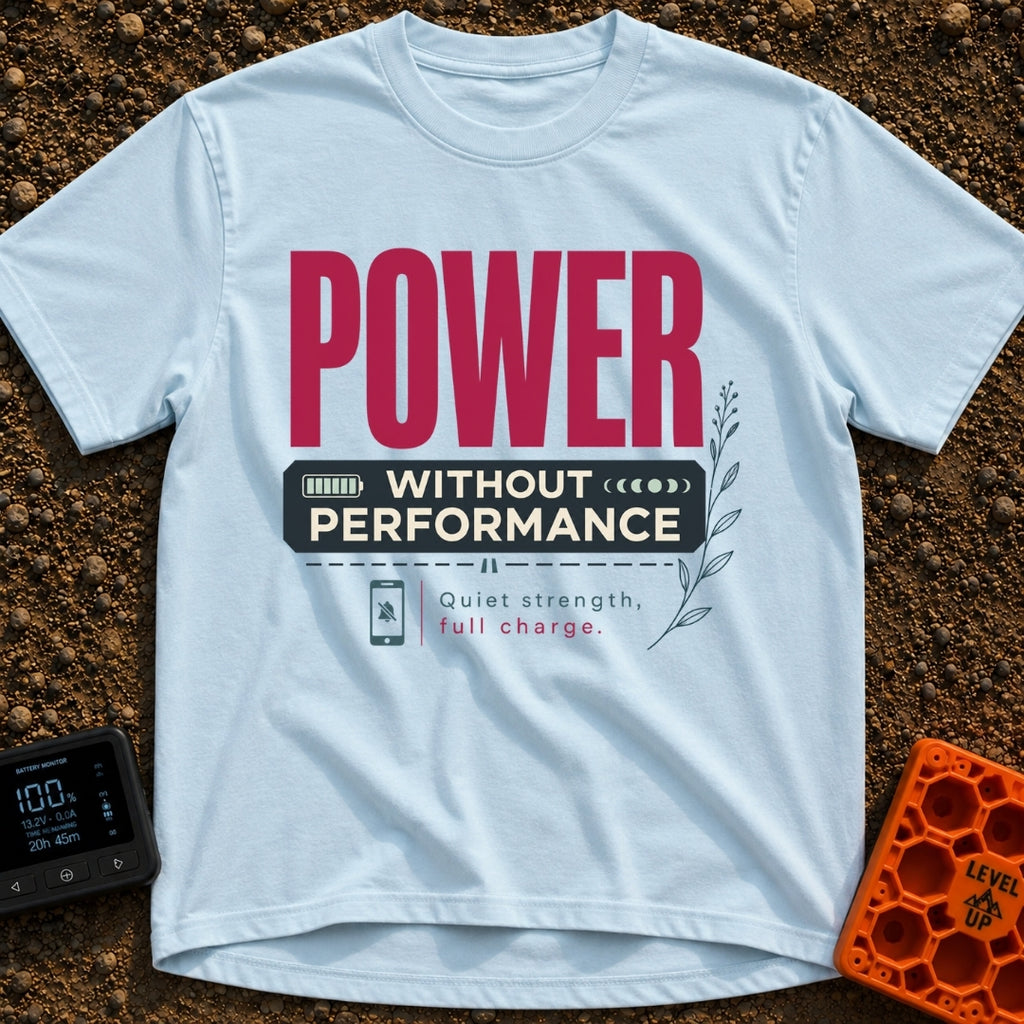 All Charge No Show - T-Shirt in Chambray - A typographic design with the large red word "POWER" above a dark banner...