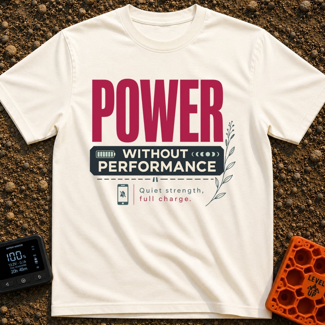 All Charge No Show - T-Shirt in Ivory - A typographic design with the large red word "POWER" above a dark banner reading...