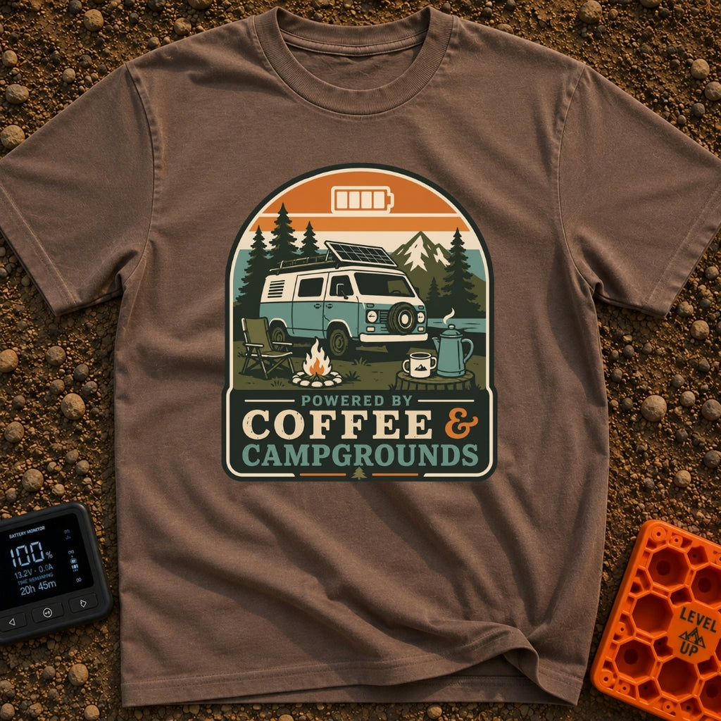 Caffeine And Campgrounds - T-Shirt in Espresso - An illustration of a retro camper van parked in a forest with a solar...