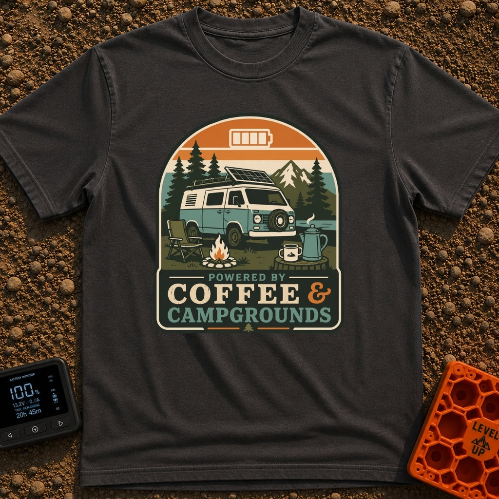 Caffeine And Campgrounds - T-Shirt in Graphite - An illustration of a retro camper van parked in a forest with a solar...