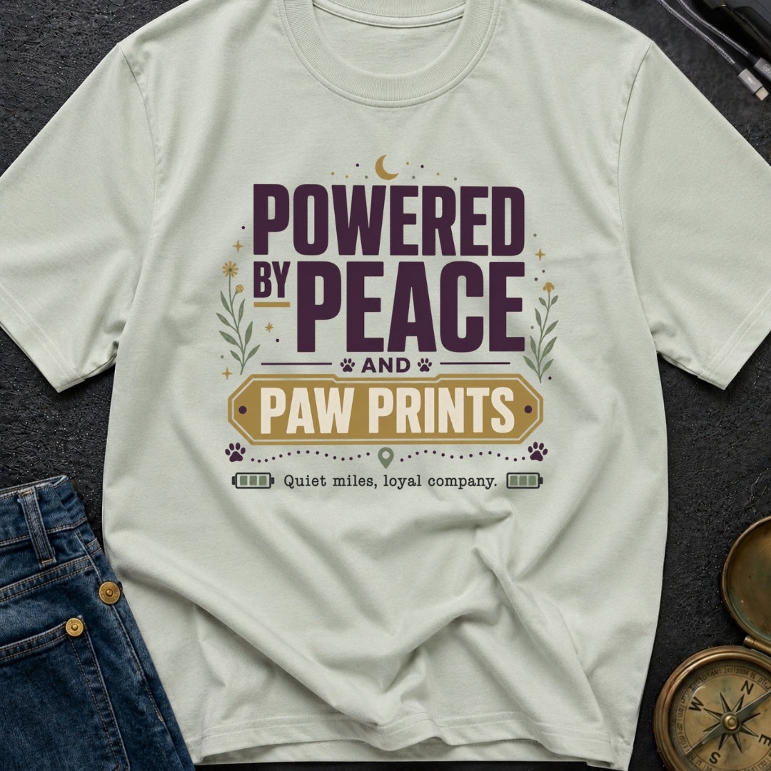Powered By Peace And Paw Prints - T-Shirt
