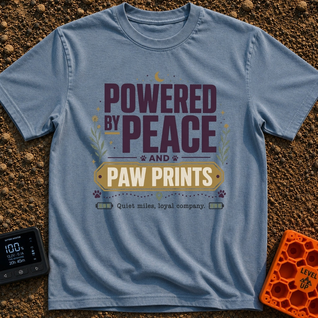 Peaceful Paw Power - T-Shirt in Blue Jean - A typographic design featuring the phrases "POWERED BY PEACE AND PAW PRINTS"...