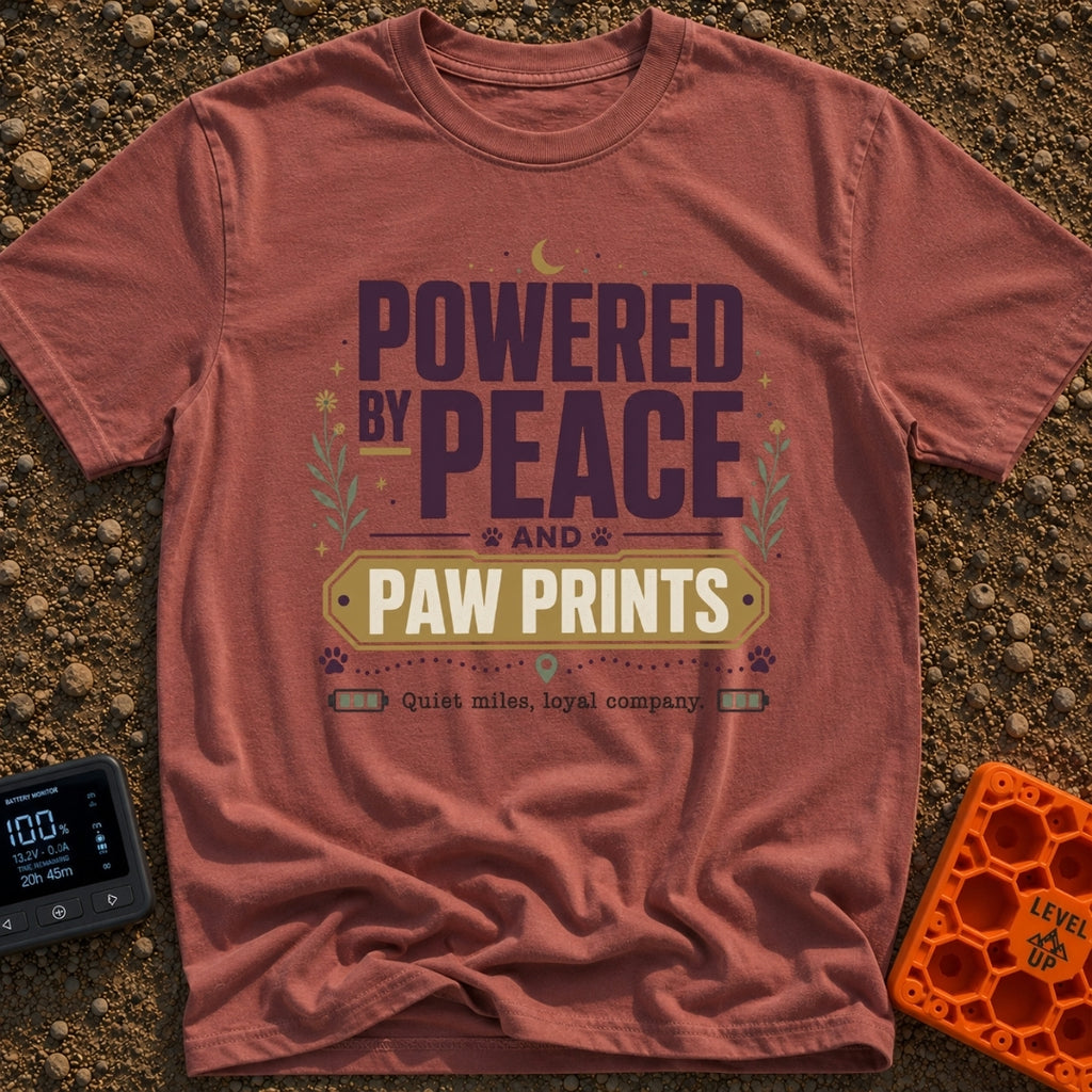 Peaceful Paw Power - T-Shirt in Brick - A typographic design featuring the phrases "POWERED BY PEACE AND PAW PRINTS" and...