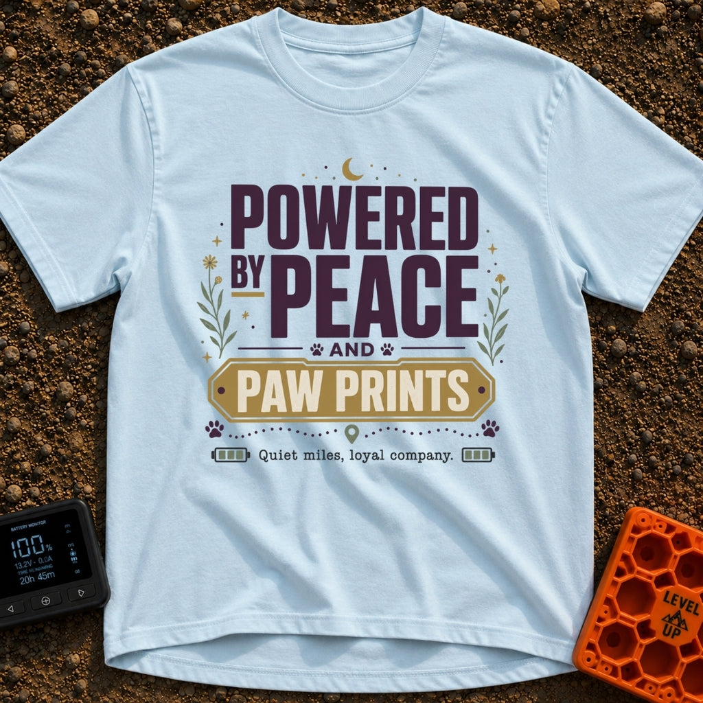 Peaceful Paw Power - T-Shirt in Chambray - A typographic design featuring the phrases "POWERED BY PEACE AND PAW PRINTS"...