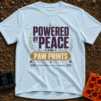 Peaceful Paw Power - T-Shirt in Chambray - A typographic design featuring the phrases "POWERED BY PEACE AND PAW PRINTS"...