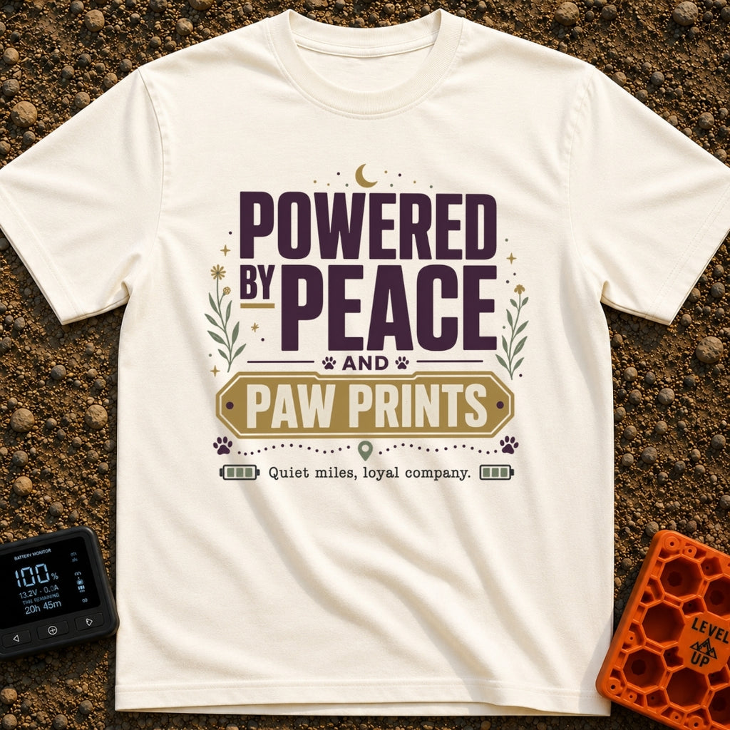 Peaceful Paw Power - T-Shirt in Ivory - A typographic design featuring the phrases "POWERED BY PEACE AND PAW PRINTS" and...