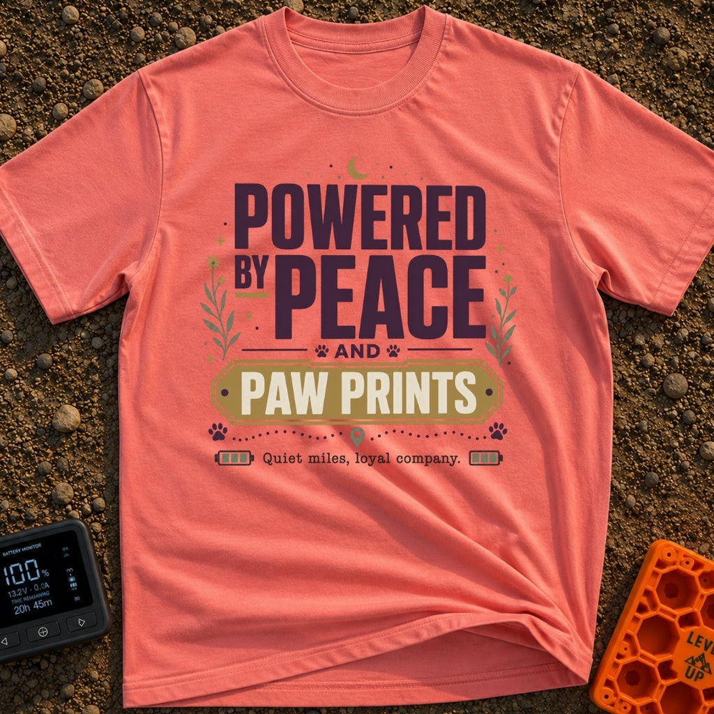 Peaceful Paw Power - T-Shirt in Watermelon - A typographic design featuring the phrases "POWERED BY PEACE AND PAW PRINTS"...