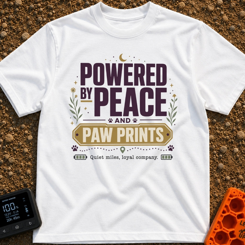 Peaceful Paw Power - T-Shirt in White - A typographic design featuring the phrases "POWERED BY PEACE AND PAW PRINTS" and...