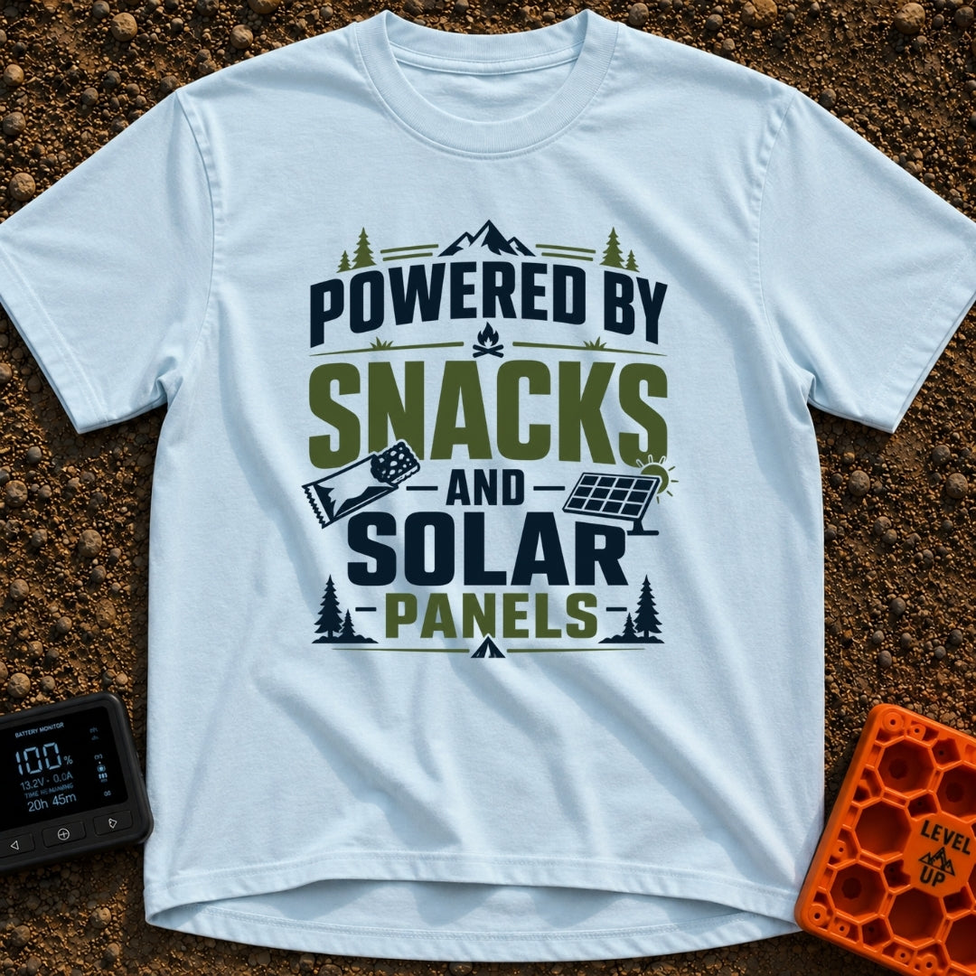 Snacks And Solar Powered - T-Shirt in Chambray - A typographic design featuring the text "POWERED BY SNACKS AND SOLAR...
