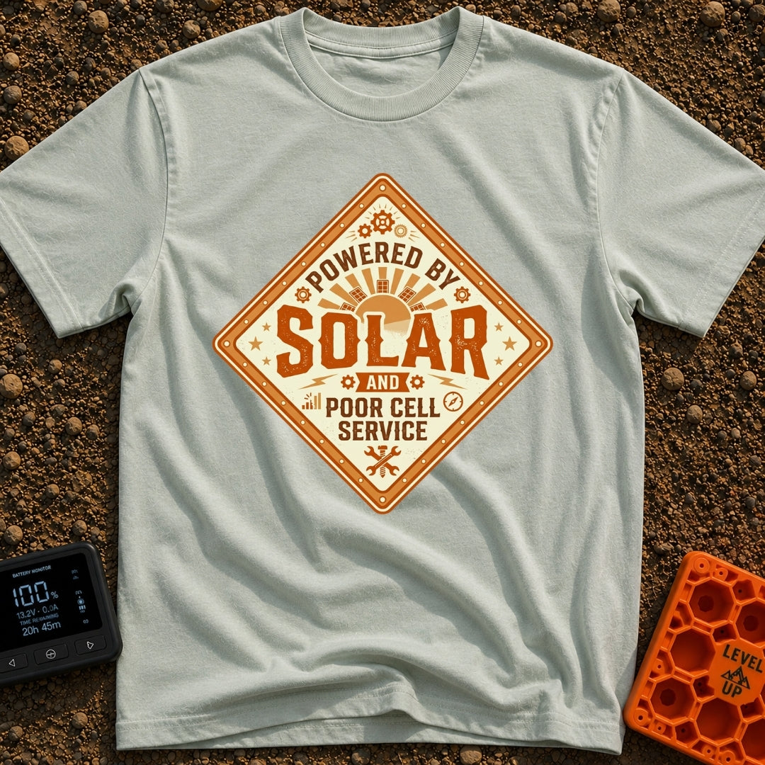 Solar Powered No Service - T-Shirt in Bay - A diamond-shaped vintage badge featuring the text 'POWERED BY SOLAR AND POOR...