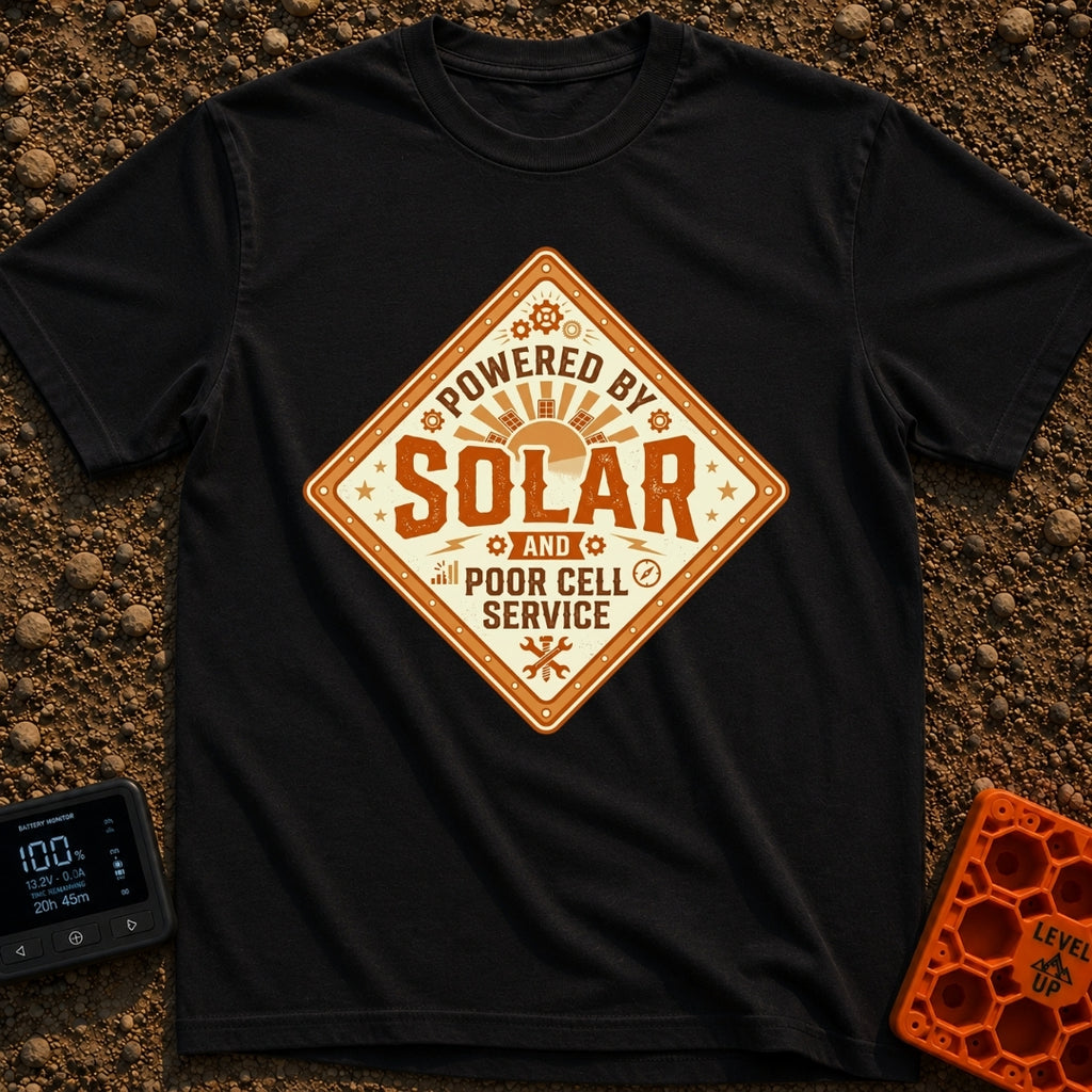 Solar Powered No Service - T-Shirt in Black - A diamond-shaped vintage badge featuring the text 'POWERED BY SOLAR AND...