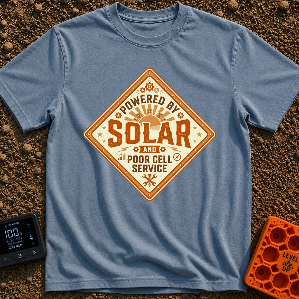 Solar Powered No Service - T-Shirt in Blue Jean - A diamond-shaped vintage badge featuring the text 'POWERED BY SOLAR AND...