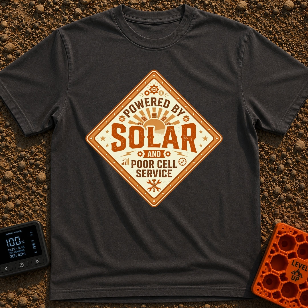 Solar Powered No Service - T-Shirt in Graphite - A diamond-shaped vintage badge featuring the text 'POWERED BY SOLAR AND...