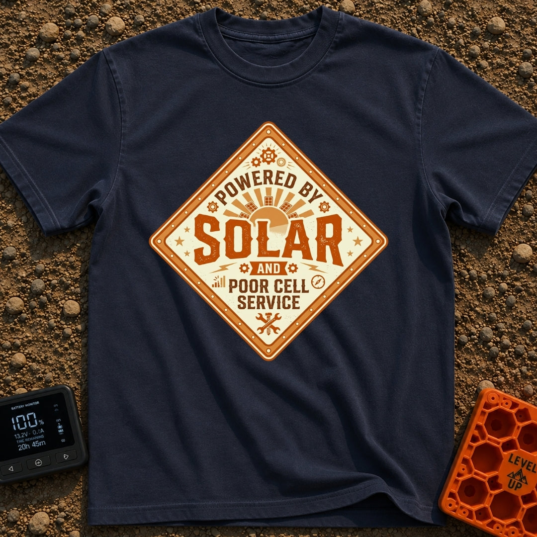 Solar Powered No Service - T-Shirt in Navy - A diamond-shaped vintage badge featuring the text 'POWERED BY SOLAR AND POOR...
