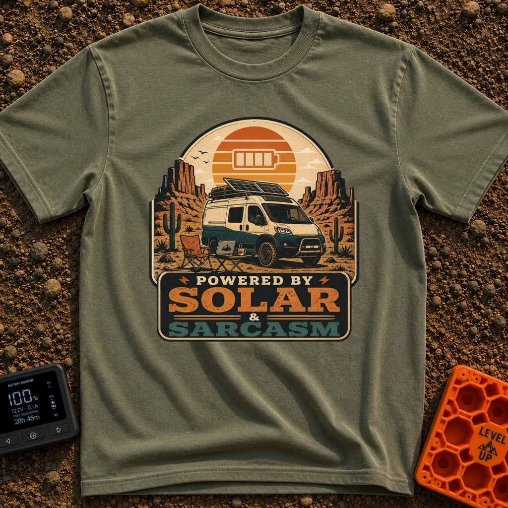 Solar Powered Sarcasm - T-Shirt in Moss - A retro-style illustration of a camper van parked in a desert landscape with...