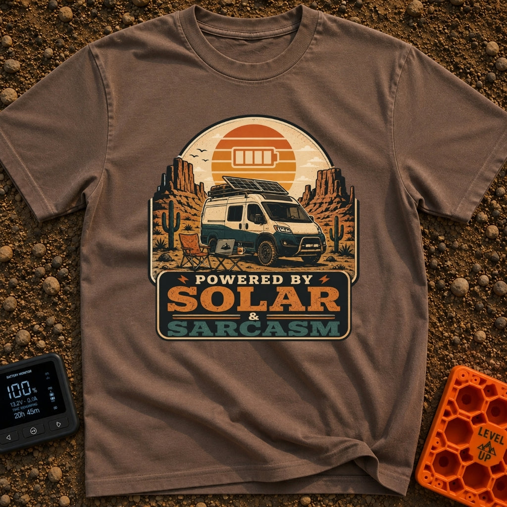 Solar and Sarcasm - T-Shirt in Espresso - A camper van with roof-mounted solar panels is parked in a desert landscape...