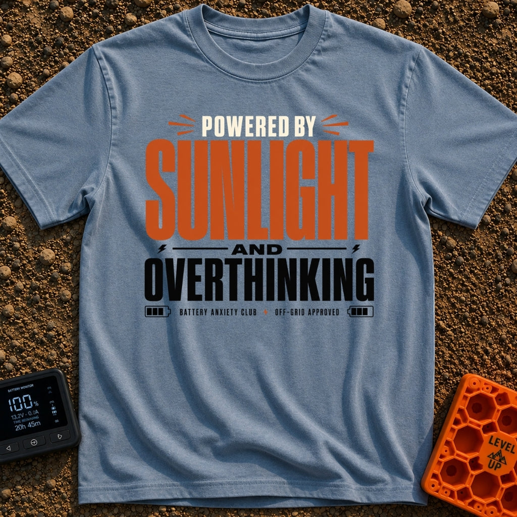 Solar Powered Overthinking - T-Shirt in Blue Jean - A typography-based design featuring the text "POWERED BY SUNLIGHT AND...