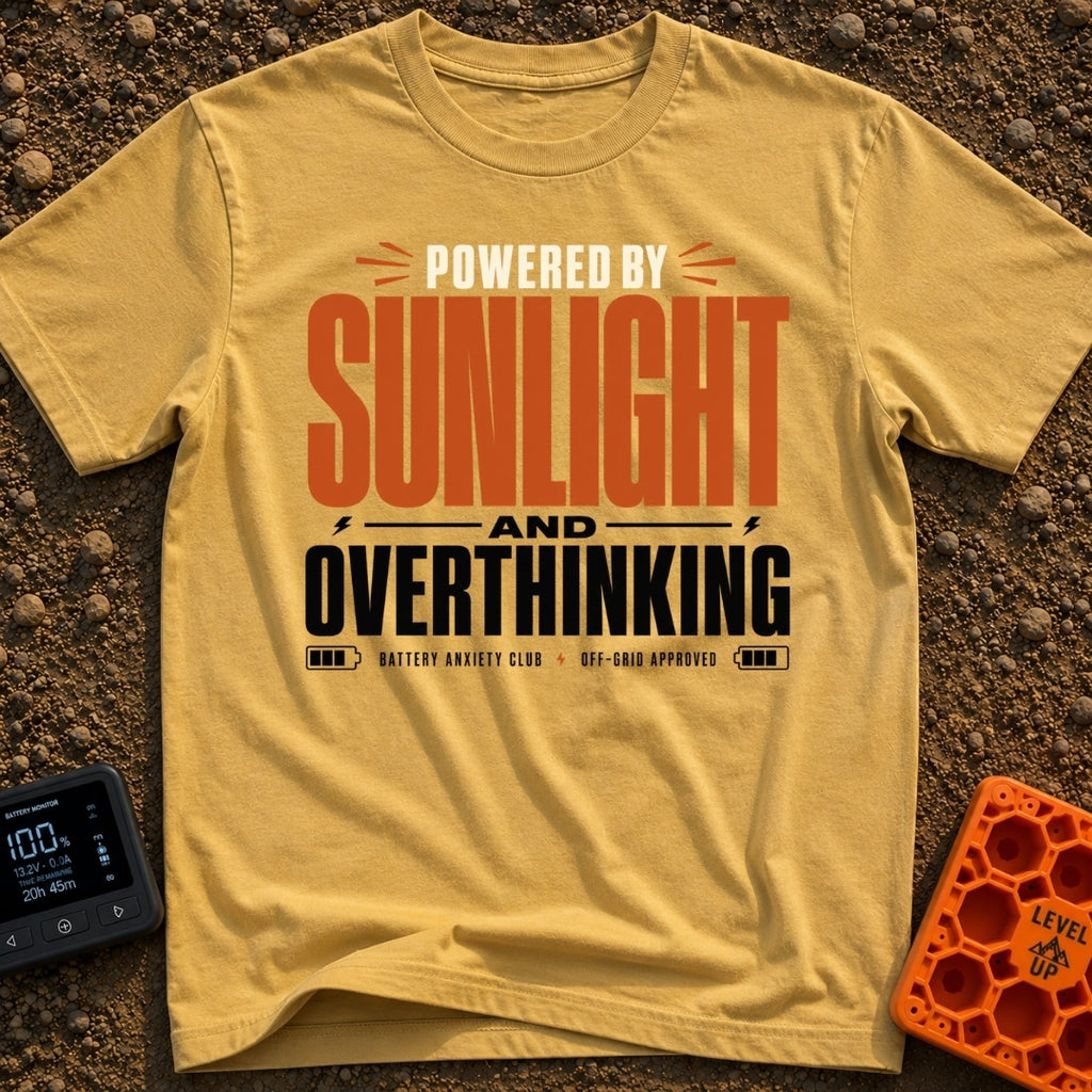 Solar Powered Overthinking - T-Shirt in Mustard - A typography-based design featuring the text "POWERED BY SUNLIGHT AND...